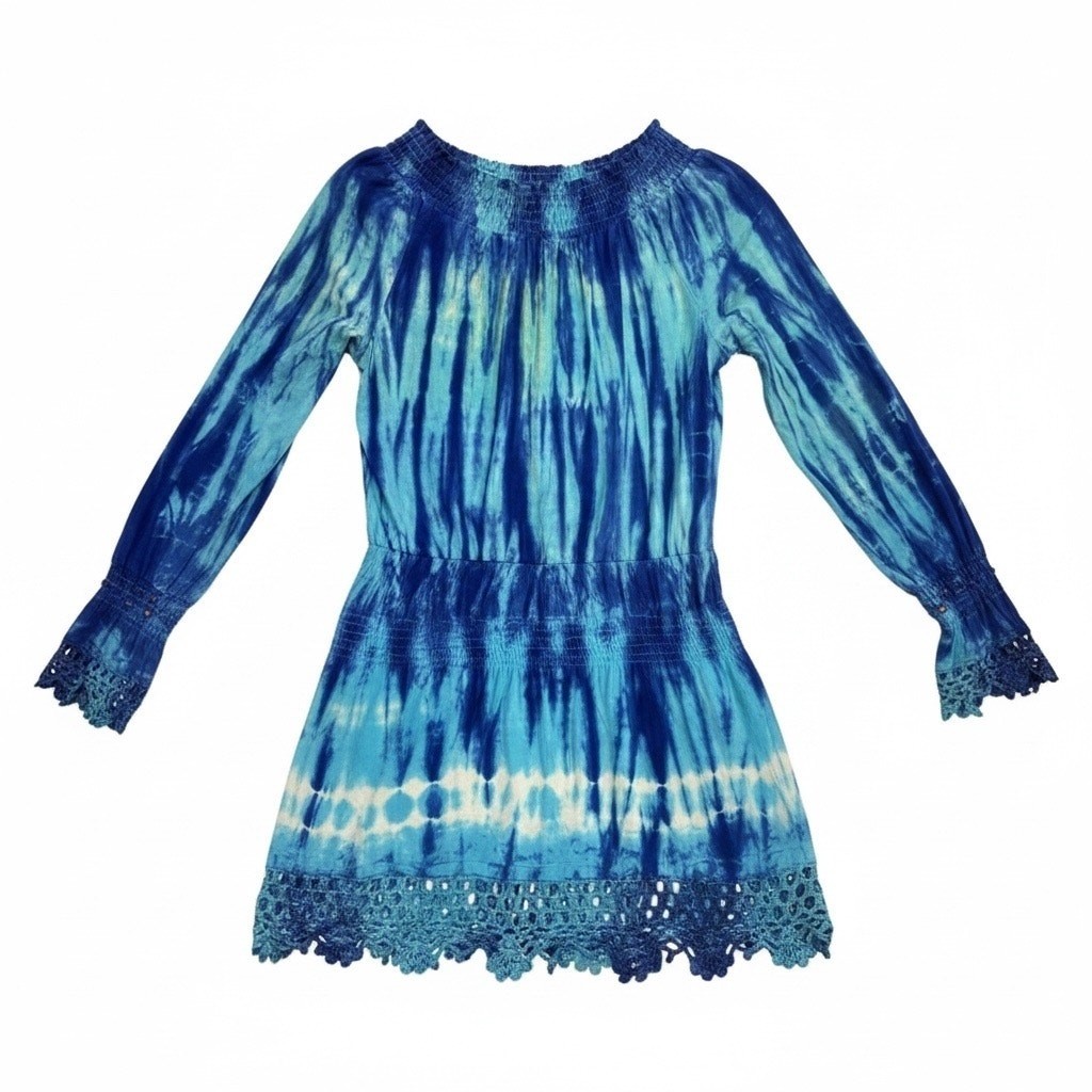 VTG Faith Indigo Tie Dye Beaded Boho Mini Dress Crochet Hem Festival S