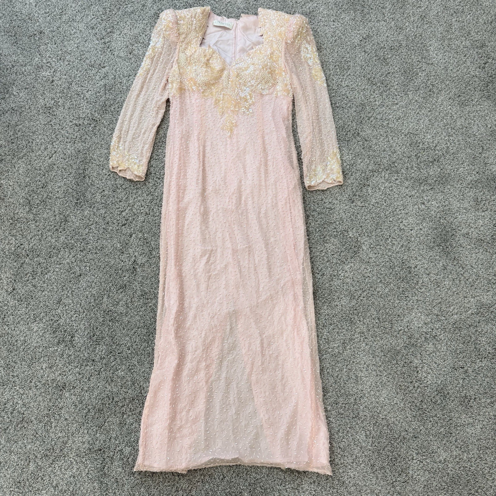 Vintage Martha Madden Light Peach Beaded Sequin Maxi Formal Dress Lined Women S