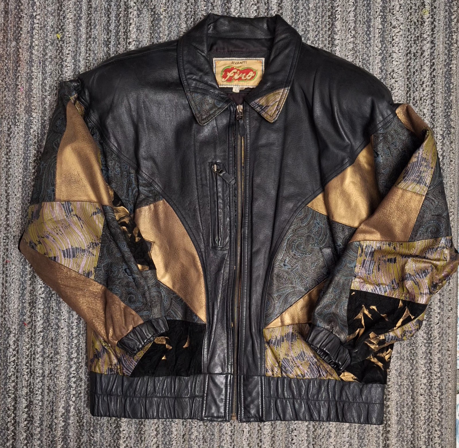 Vintage 80s Avanti Firo Leather Patchwork Geometric Bomber Jacket Womens Large