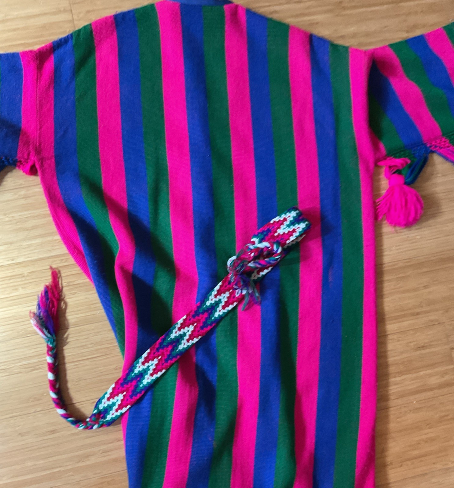 VTG Josefa Boho Caftan Maxi Dress Multicolor Pink Green Blue Pompoms Belt, Small