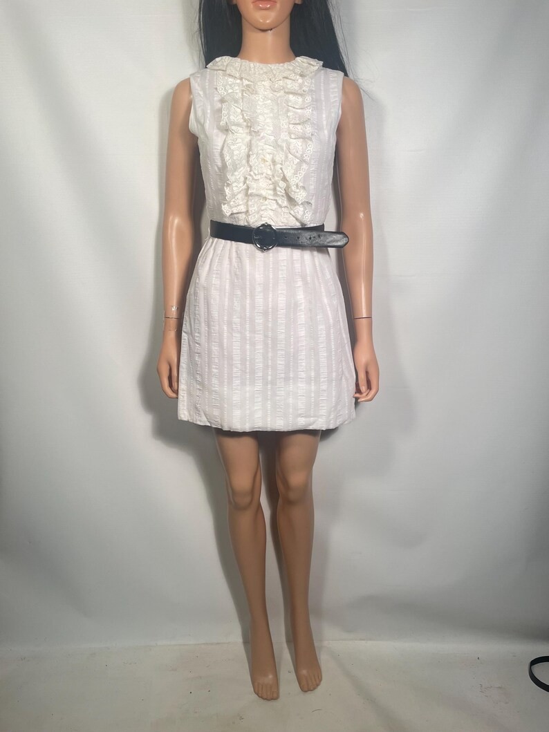 Vintage 1960s White Frilly Lace Mod Cotton Mini Dress Size XS/S