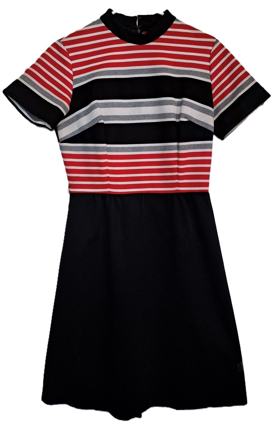 Vtg 70a Red White Black Polyester Double Knit Go Go Dress 8 Chest/6 Hip