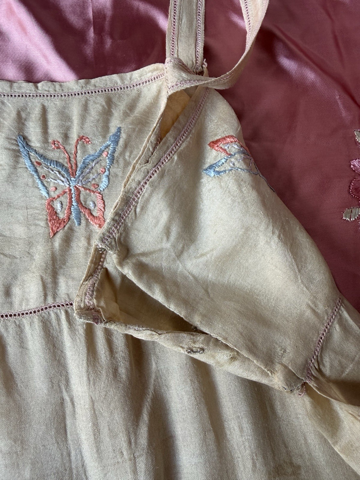 Antique 1920’s Pongee Slip Step-in Butterfly Embroidery Chemise Écru Silk Set
