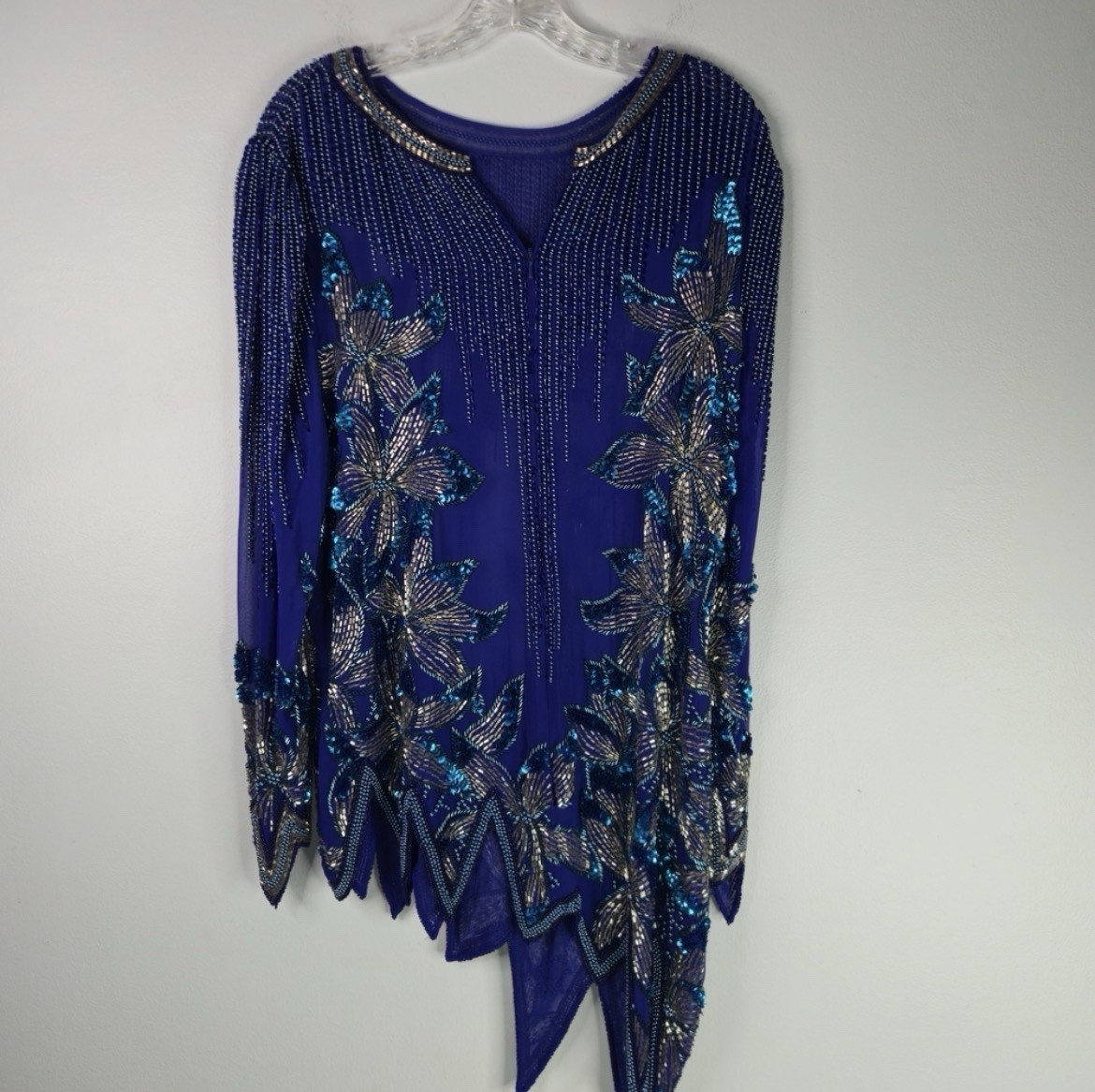 Vintage Black Tie Womens 16 Blue Beaded Sequin Silk Asymmetrical Hem Evening