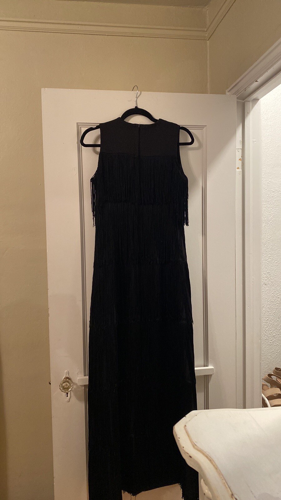 Rare- 1960s Alfred Werber Black Fully Fringed Crepe Full Length Vintage Dress