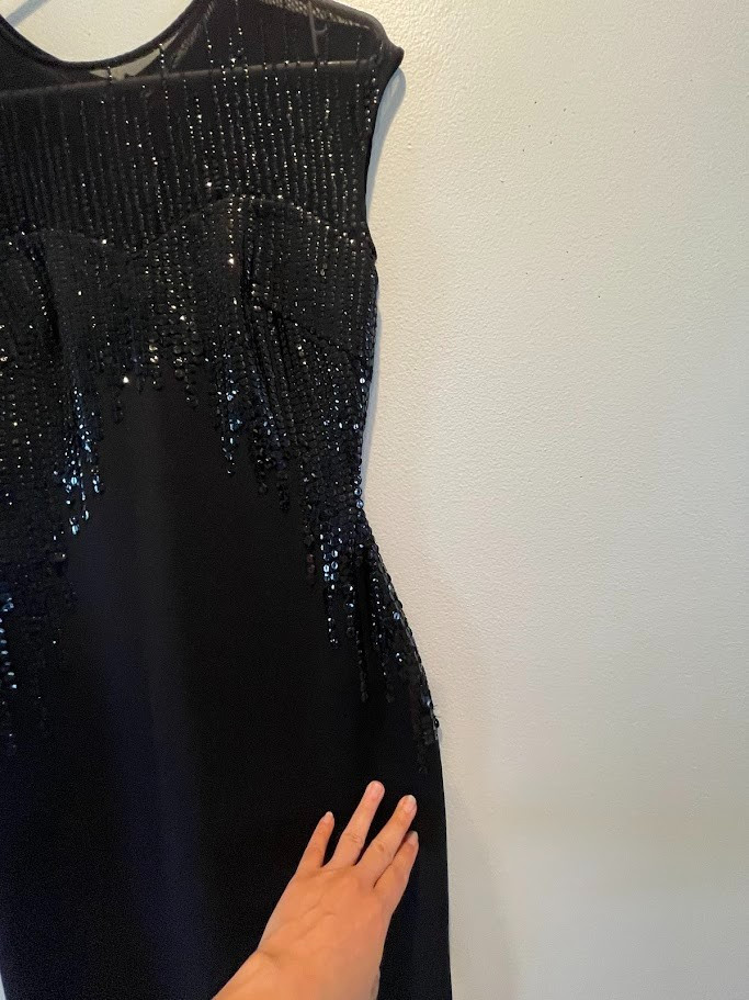 Vintage Black Beaded Sequin Illusion Elegant Evening Gown Women&rsquo;s Dress