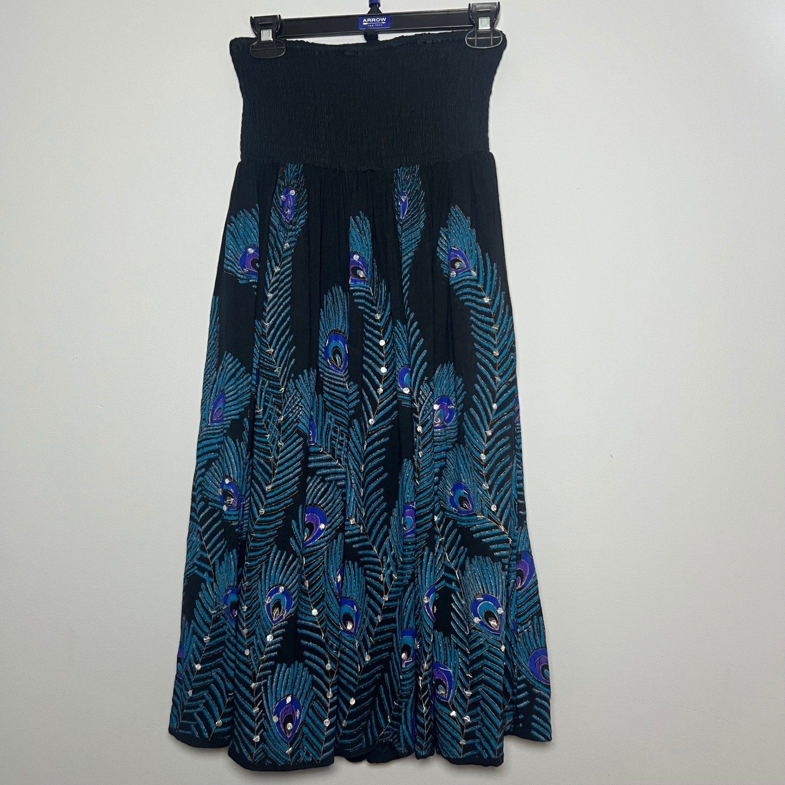 Womens Large Black Peacock Feather Smocked Strapless Sequin Mini Dress Y2K 90&rsquo;s