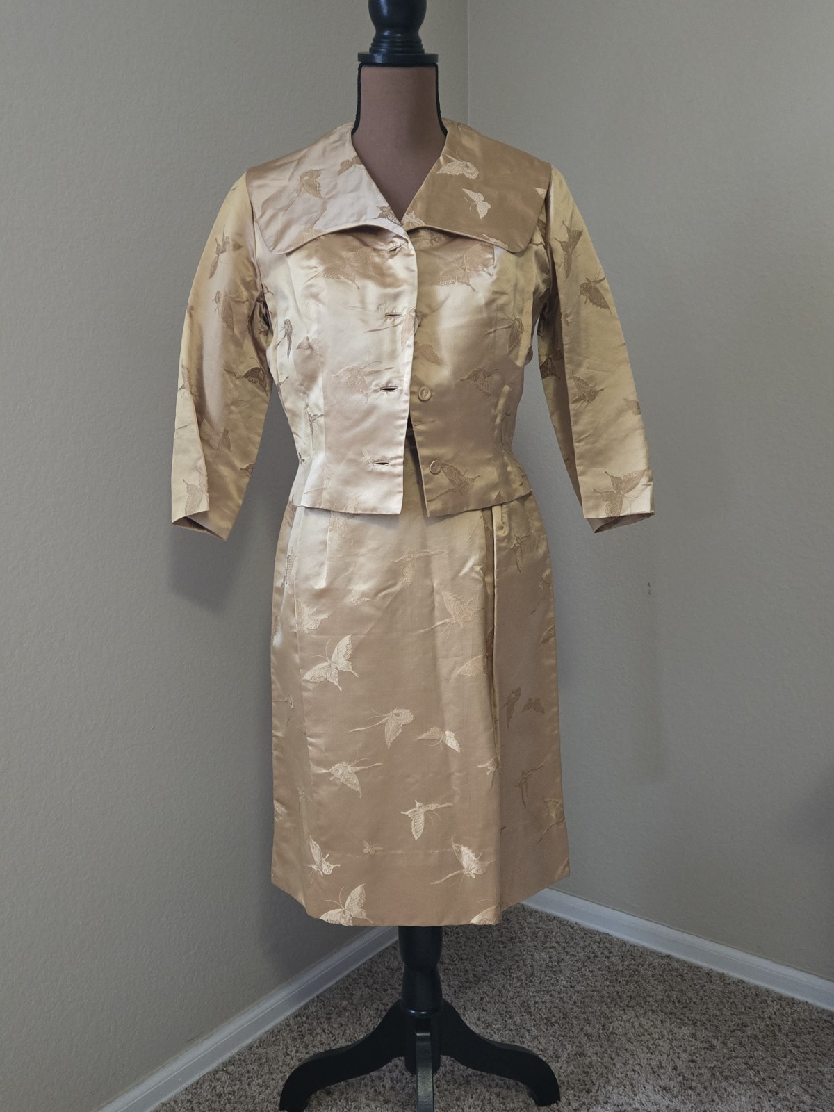 Dynasty Hong Kong Silk Sheath Dress Jacket Butterfly Sz 12 Gold Elegant MCM