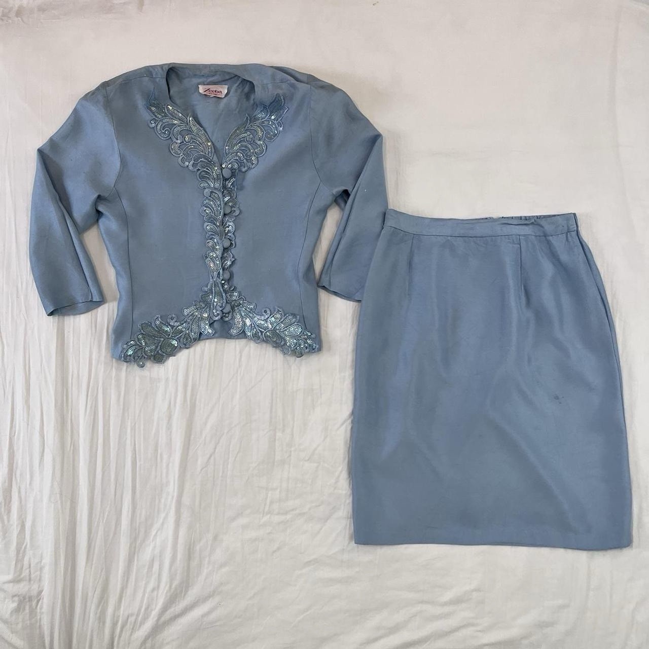 Powder Blue Shantung Skirt And Sequined Jacket Set Vintage 80s Size S/M Zeeba NY