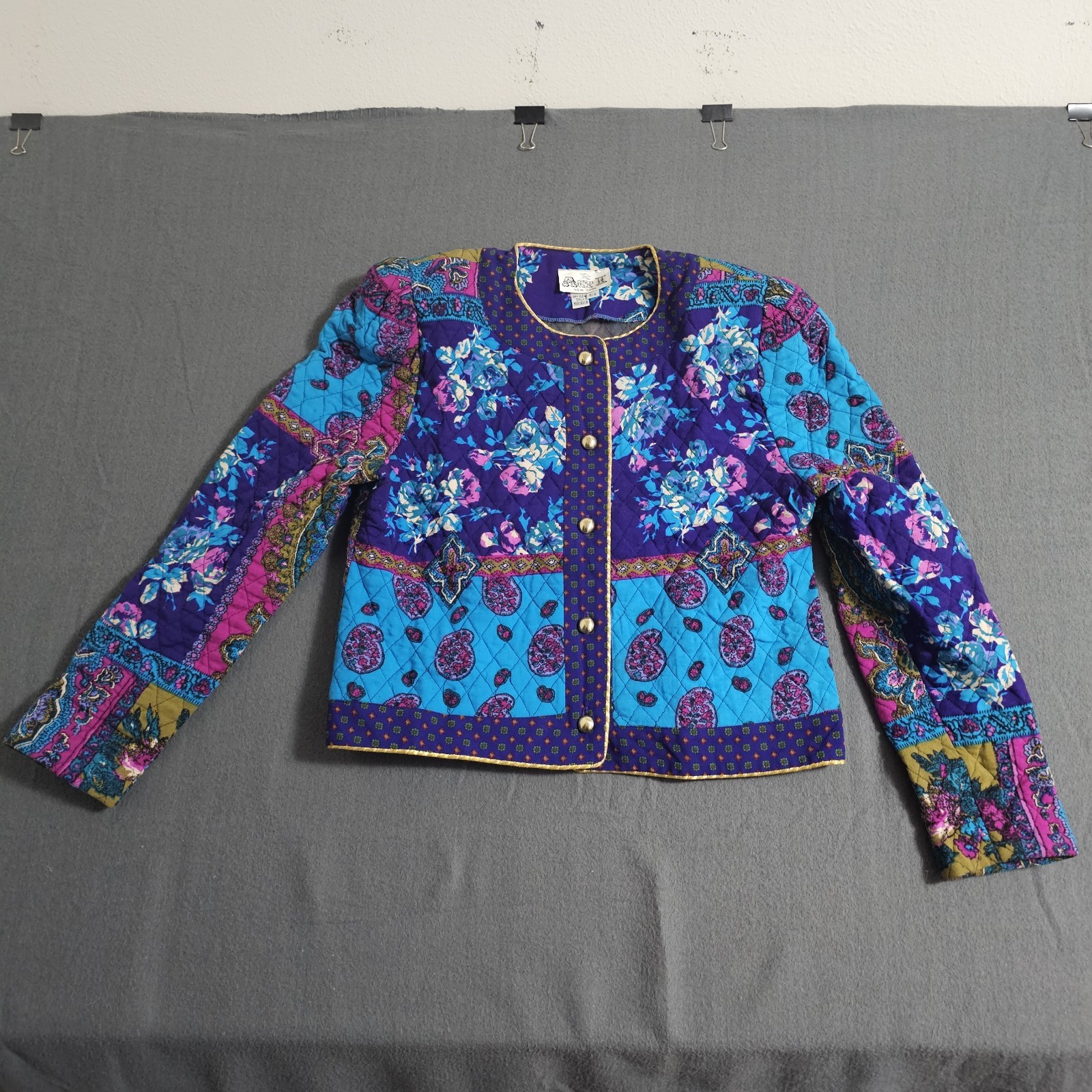 Vtg ACT I 5/6 Quilted Button Jacket Shoulder Pads Multicolored Blues