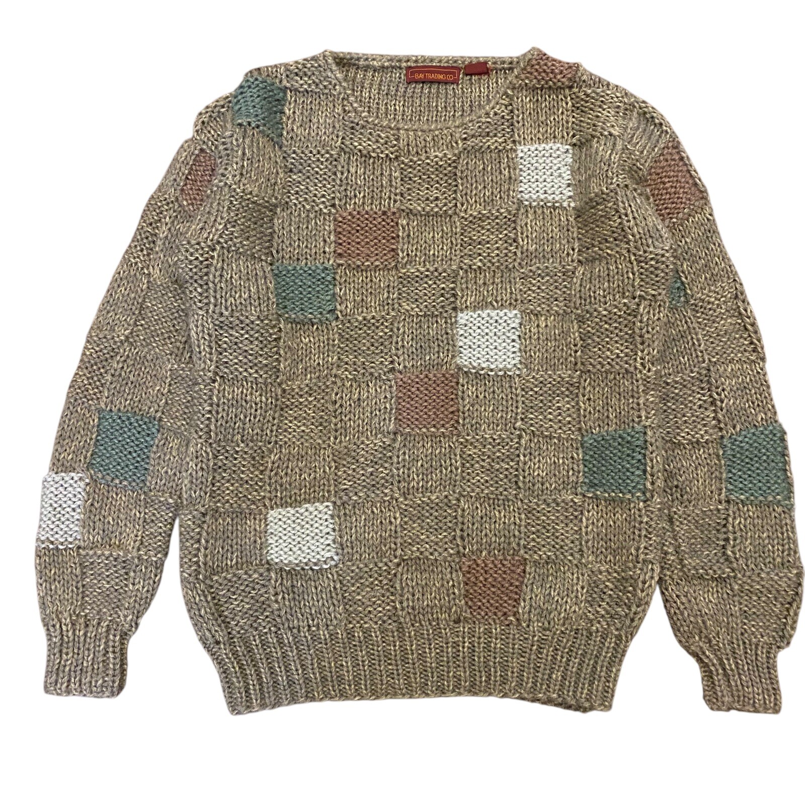Bay Trading Co Vintage Checkerboard Knit Sweater Chunky Acrylic Large Pullover
