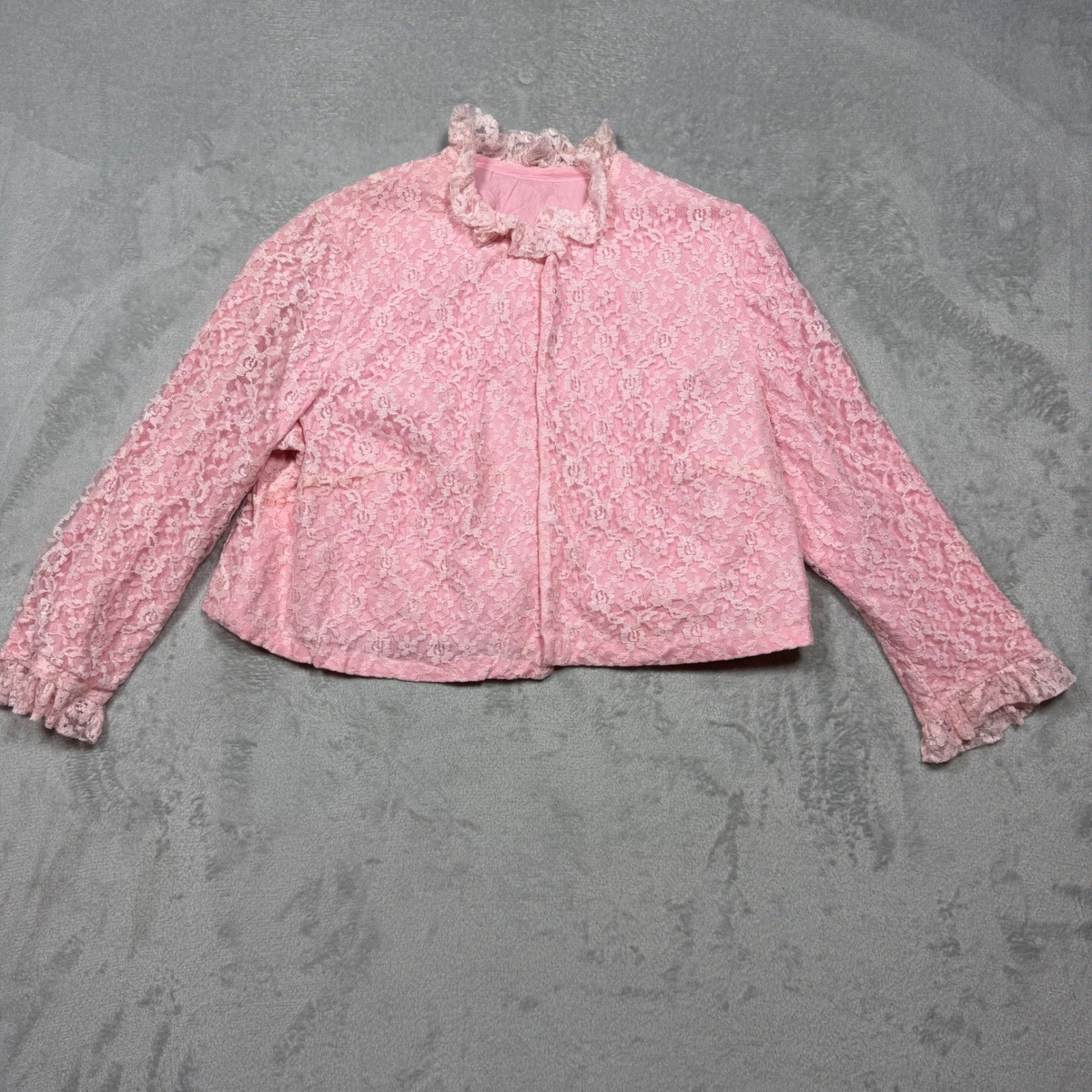 Vintage 1960s Pink Lace Cropped Jacket Ruffle Neck Coquette Medium