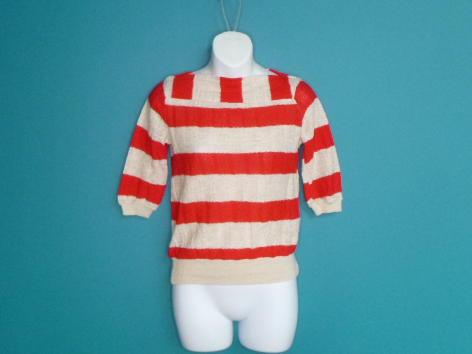 Vtg 70s Peppermint Casuals Loose Textured Knit Top Red Oatmeal Color Sz S/M