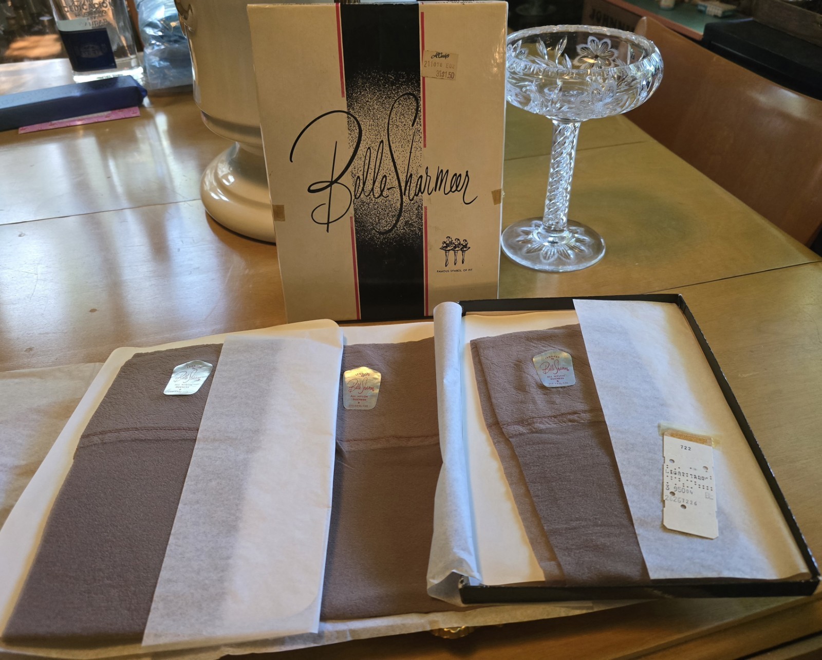 Vintage 3 Pairs Nylon STOCKINGS BELLE SHARMEER, MINT in BOX, Sz 11-12 XL Taupe