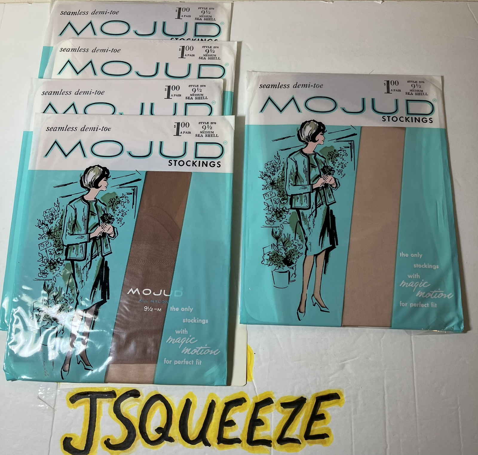 5 Pair VTG FLAT KNIT MOJUD MAGIC MOTION NYLON STOCKINGS GARTER HOSIERY 9 1/2×32”