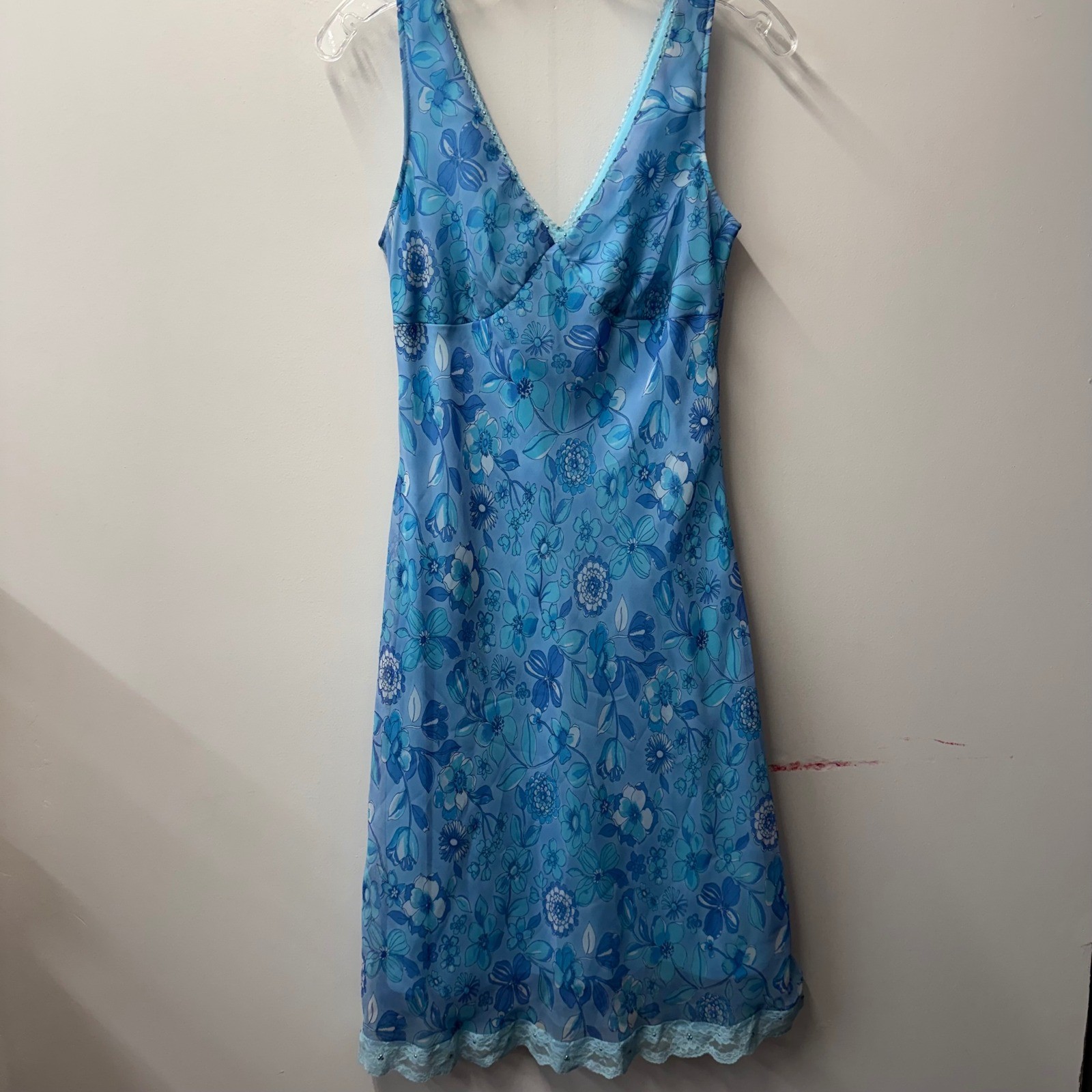 Studio Y Vintage Blue Floral Lace Trim V-Neck Midi Dress Made in USA Size 5/6