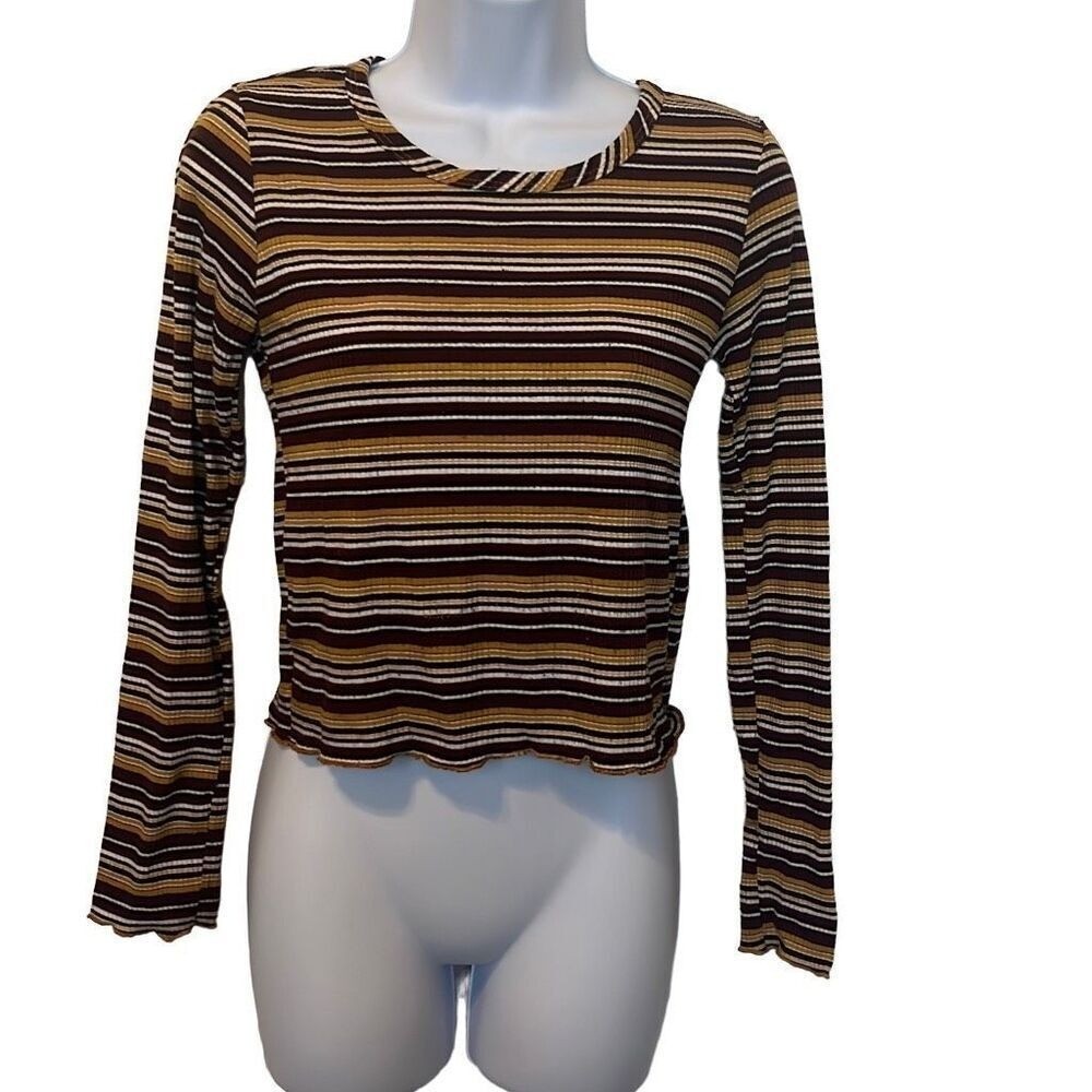 Pinc Y2K Brown Yellow Stripe Long Sleeve Crewneck Ribbed Crop Top Large Grunge