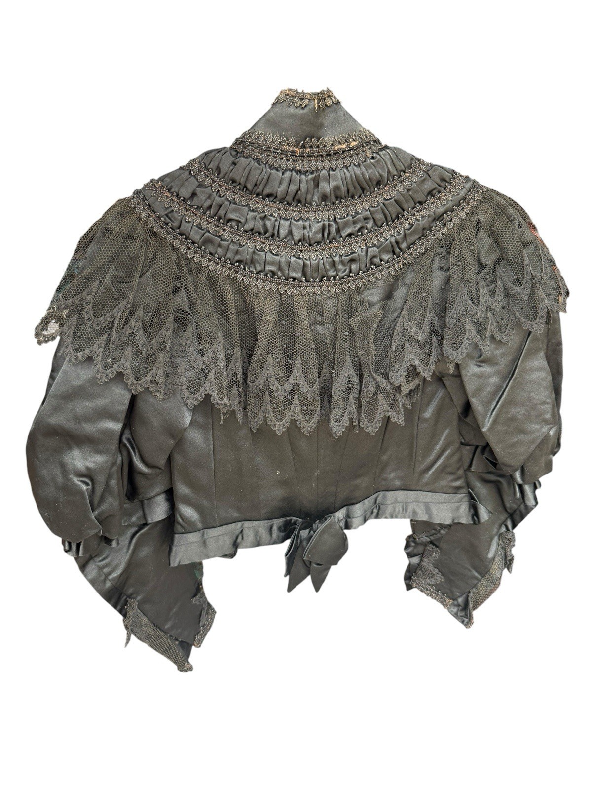 Antique 1890s Victorian Mourning Bodice Jet Black Beaded Boned Lace Top Jacket