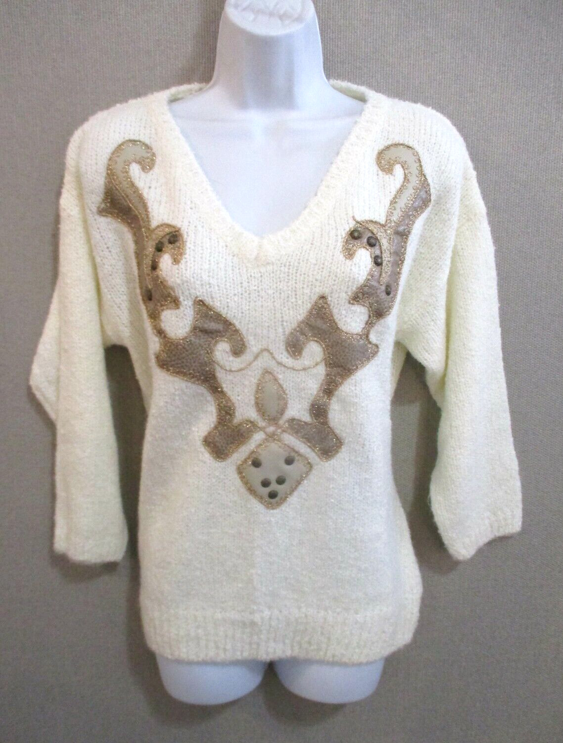 VTG 80&rsquo;s Beldoch Popper Sweater Size Small Bold Applique Metallic Statement