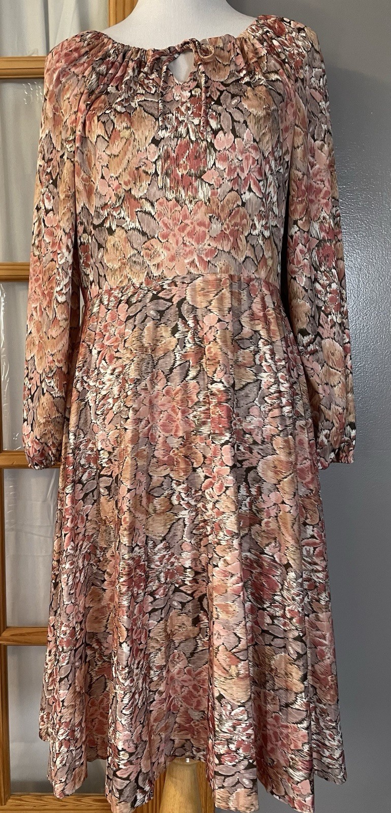 Vtg 80s Union Made Pleated Midi Dress Sz L Pink Orange Floral Pastel Tie Classic