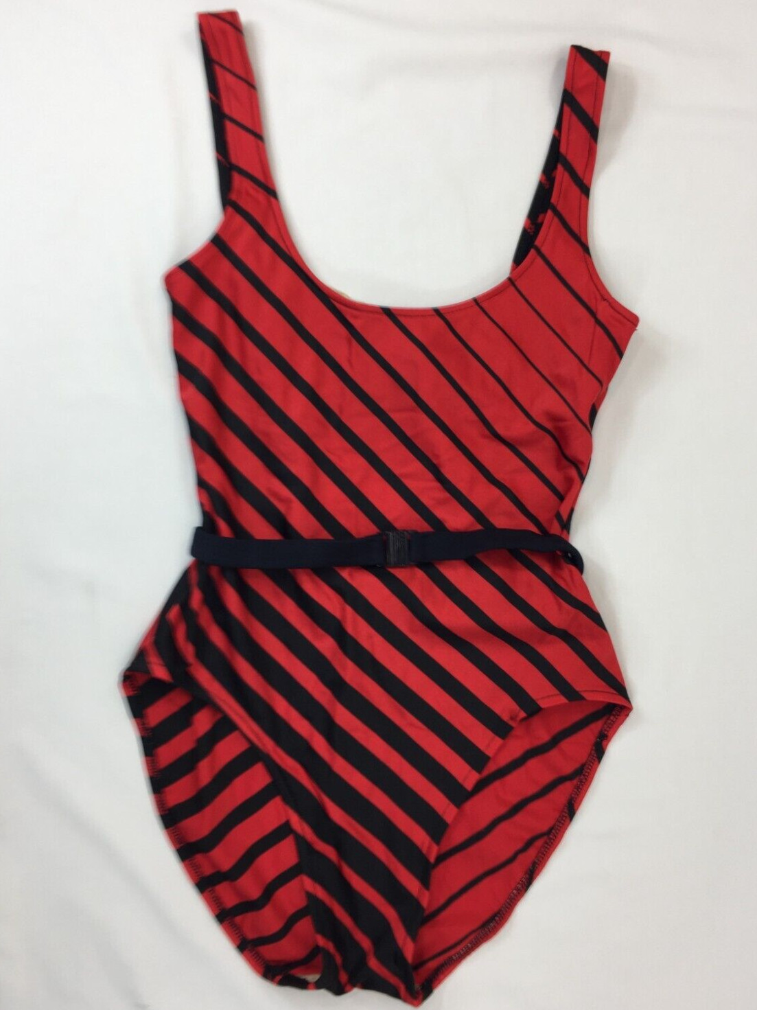 Vintage Edith Thais One Piece Swimsuit Waist Belt Red Black Striped Size 10