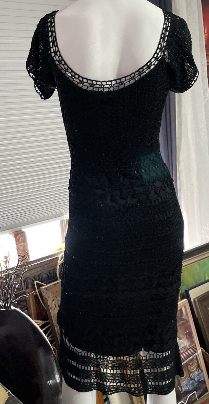 Gorgeous Vintage CACHÉ Black Beaded Crochet Knit Midi Dress XS/S/M