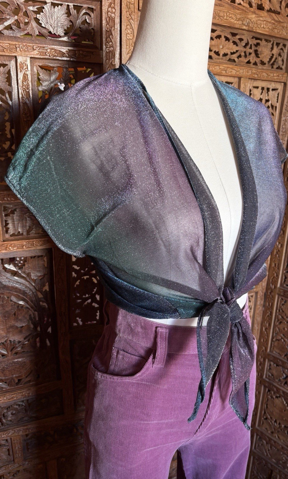 Vintage 70s Wrap Top Disco Silver Metallic Crop Top Sheer Purple Sparkle Shirt