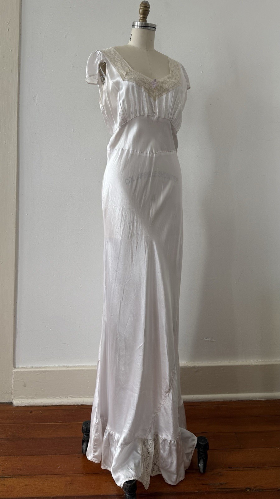 1930s 40s Ice Blue Satin Bias Cut Slip/Boudoir Gown Lace Flutter Sleeve Bow S/M
