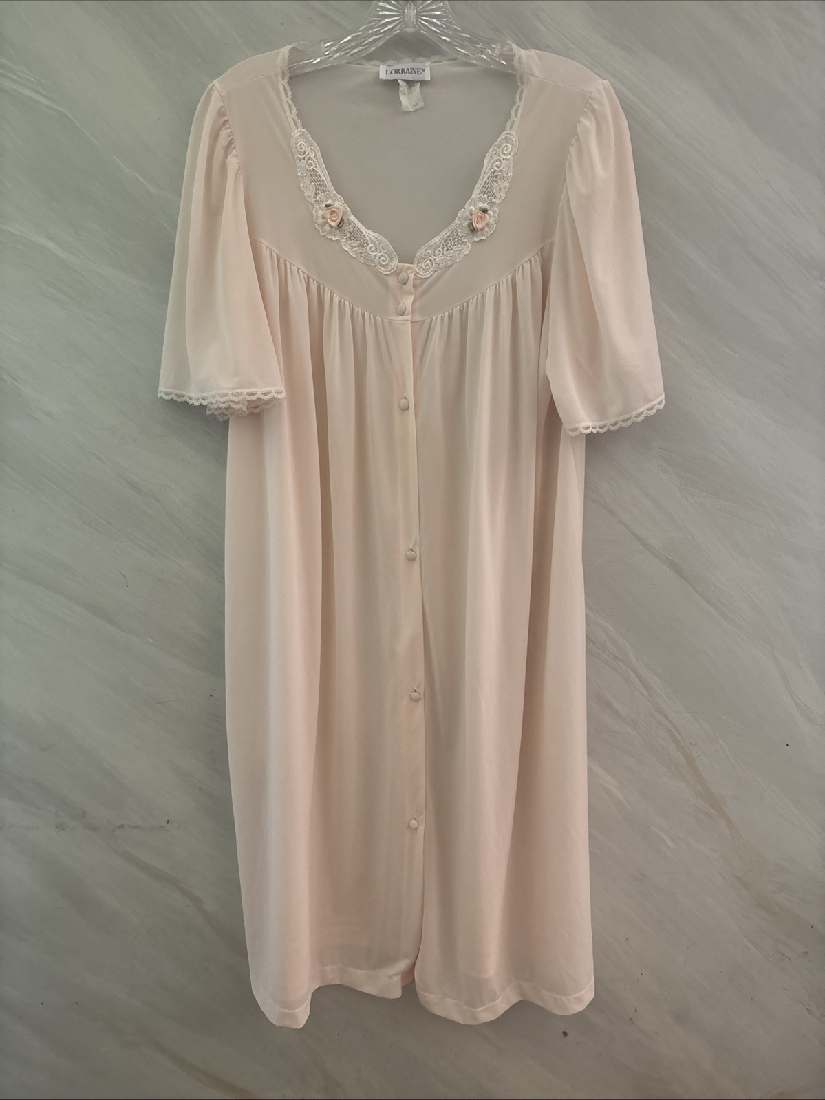 Vintage Lorraine L Peach Lace Rosettes Button Up Night Gown Feminine Pretty
