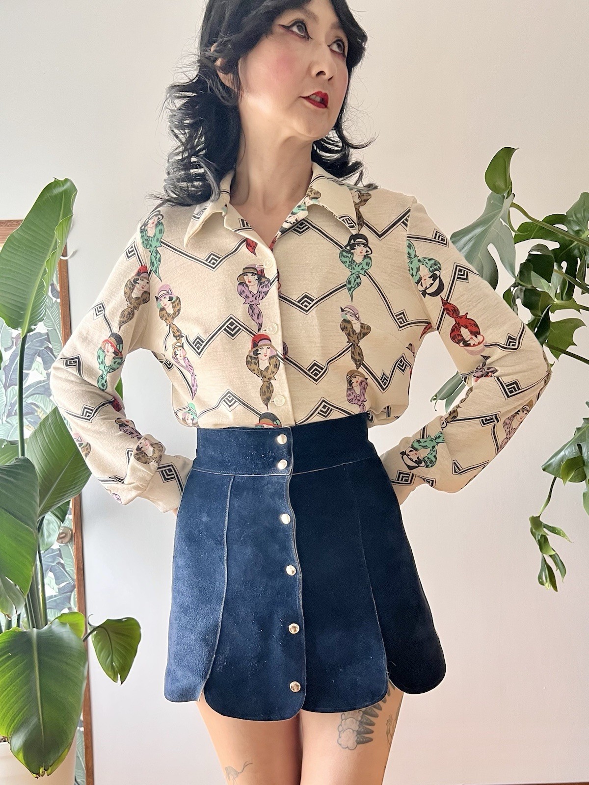 70s Art Deco Lady Face Portrait Novelty Print Blouse Geometric Button Up Shirt