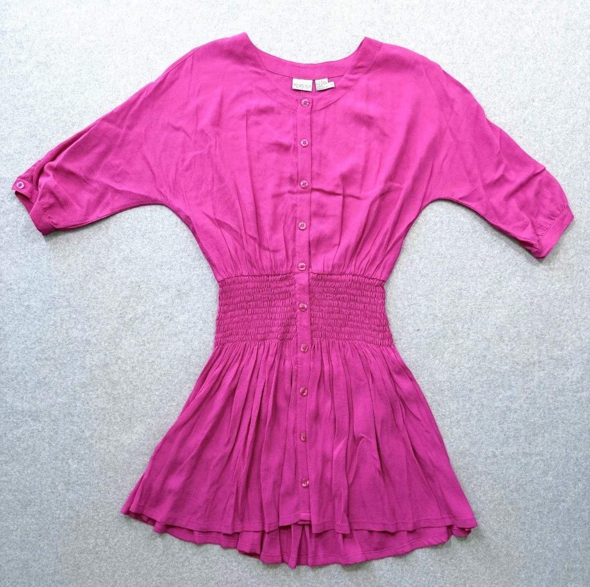 Vintage Newport News Fuchsia Rayon Smocked Dress Button Front Size 6 Dolman