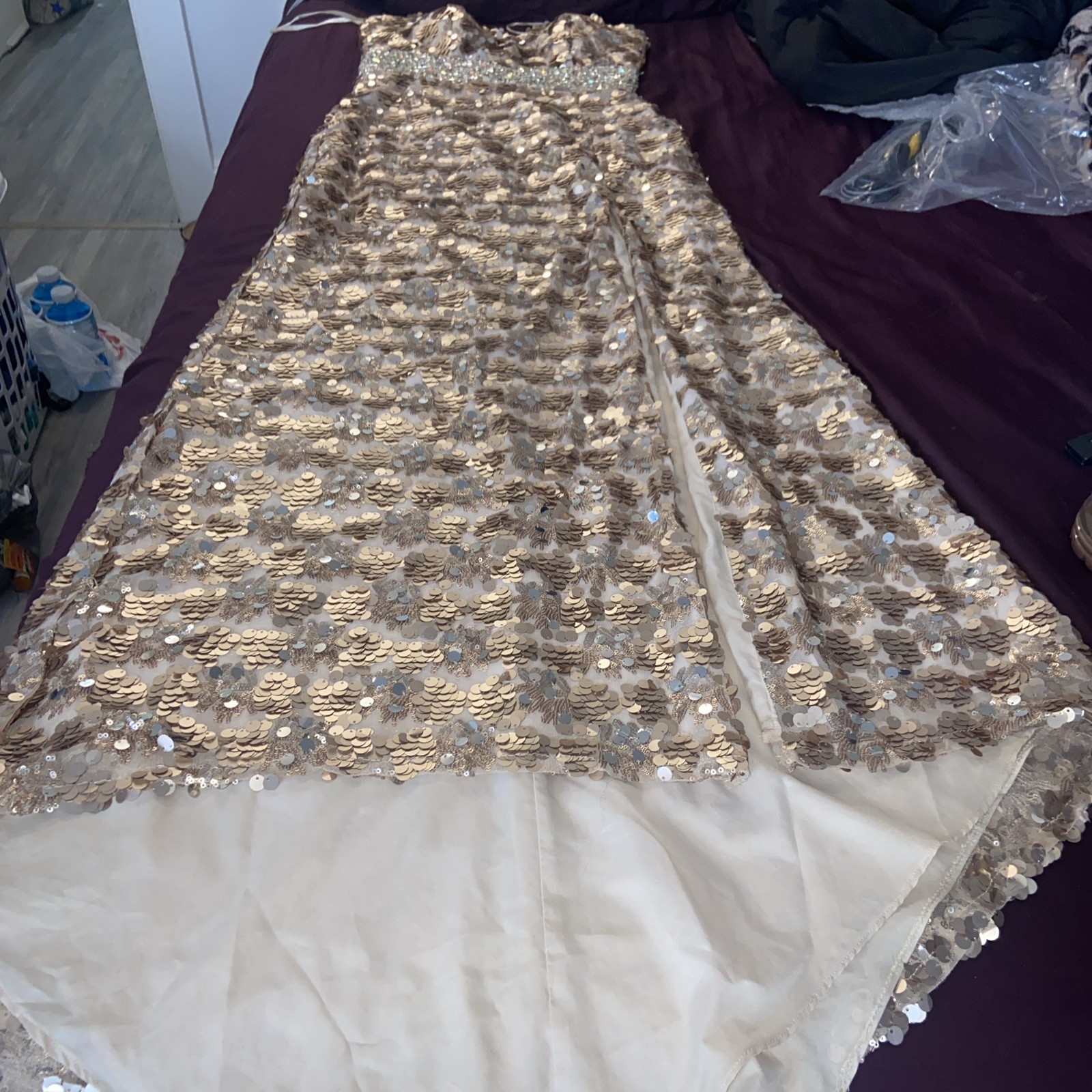 Vtg Night Moves Gold Rose Sequin Aurora Borealis Formal Prom Dress 8 Medium GUC