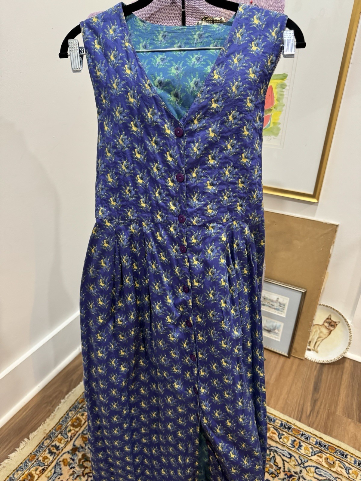 April Cornell vintage Blue Floral Dress, reversible Button Front