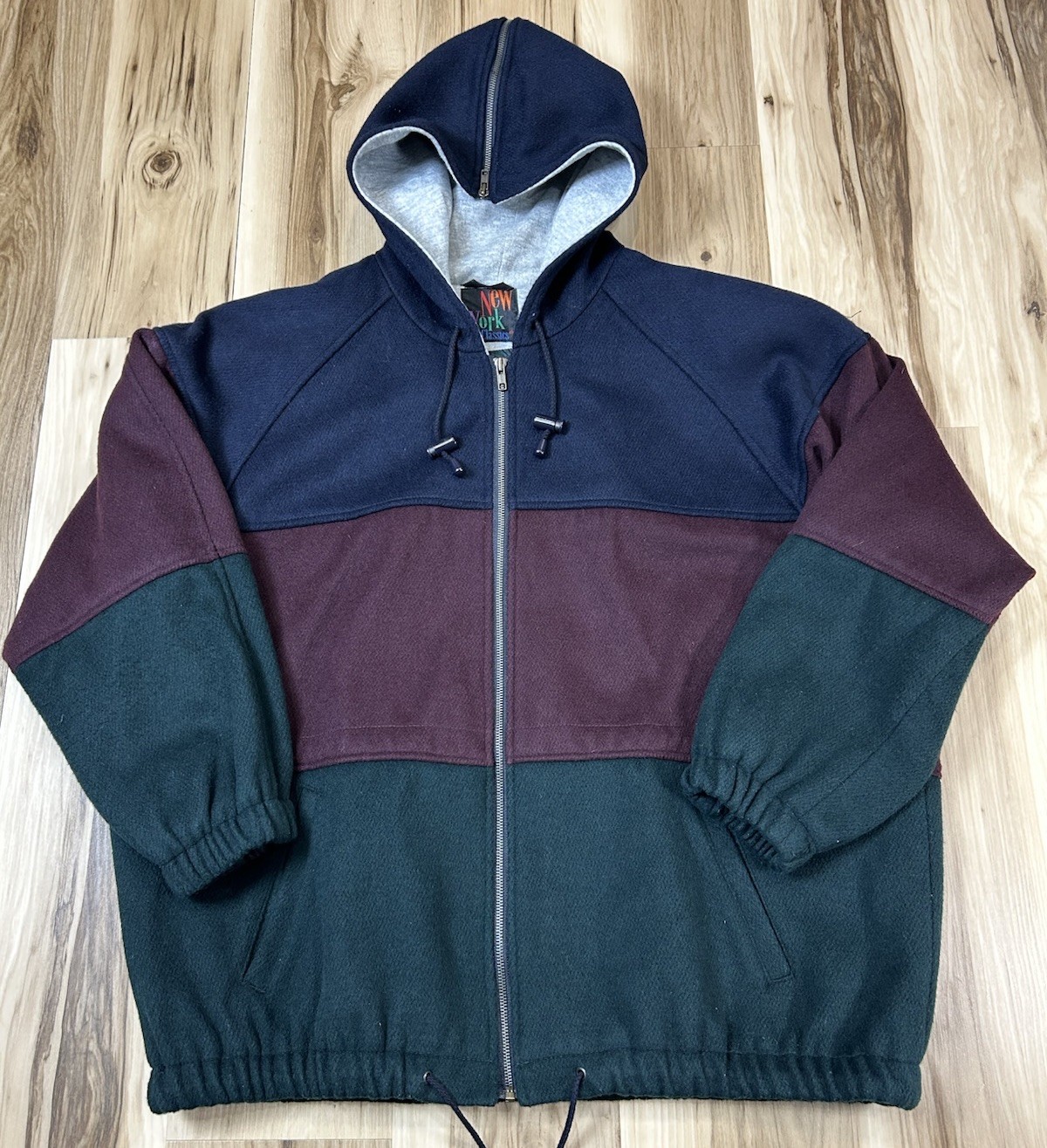 Vintage 1990s Wool Bomber Jacket New York Classics Zip Flat Hooded 3XL Coat