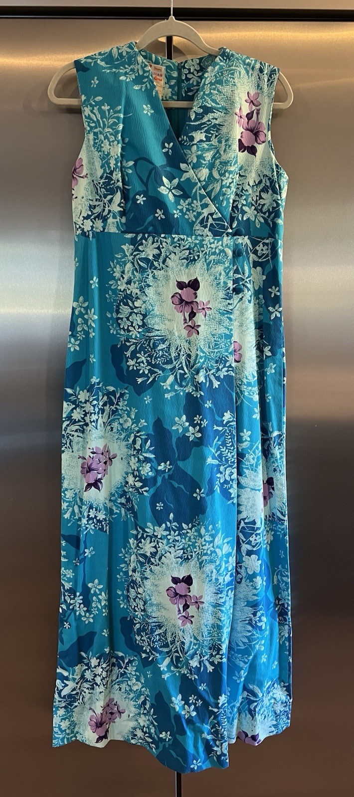 VTG Sears Hawaiian Fashions Maxi Dress Blue Floral Tiki Textured VTG Size 16
