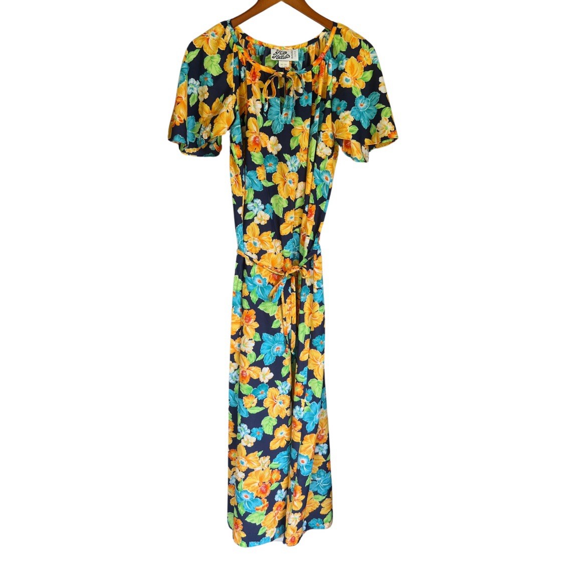 Vtg Hilo Hattie Maxi Dress Sz S Blue Hawaiian Muumuu Floral Hibiscus Shell Print