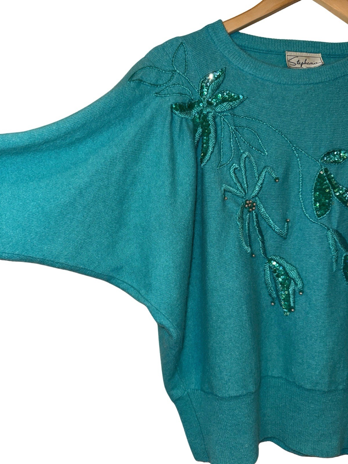 Stephanie Vintage 1980s Lambswool Angora Dolman Sleeve Sweater Turquoise Sequin