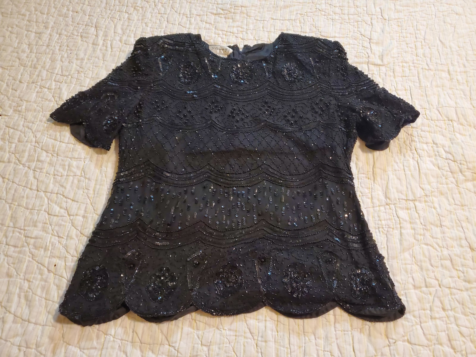 Vintage Stenay Top Sz L Black Silk Beaded Sequin Top Special Party Blouse