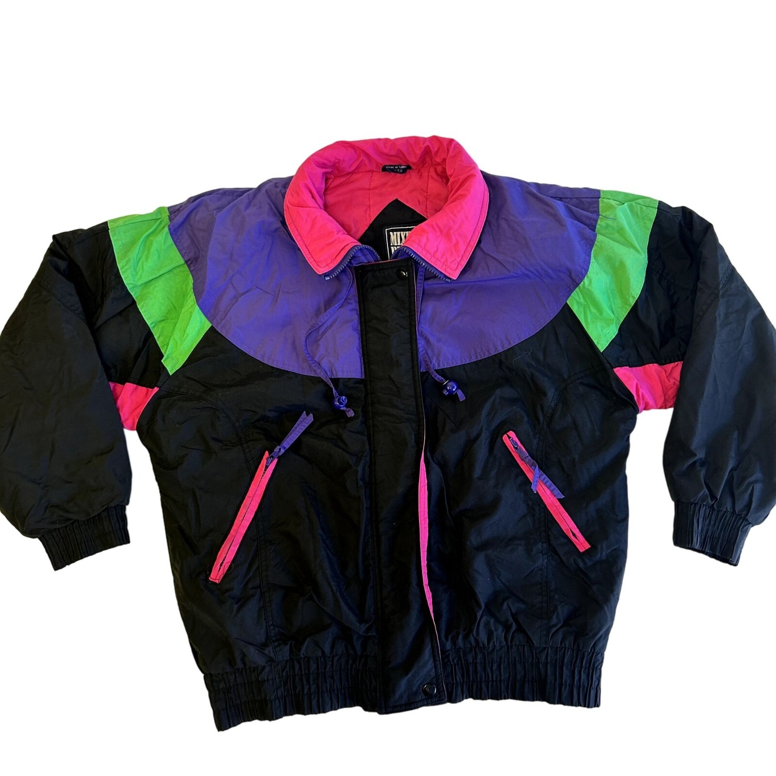 Vtg 90&rsquo;s Mixed Blues Black NEON Pink Purple PUFFER Snow SKI Winter RETRO Jacket