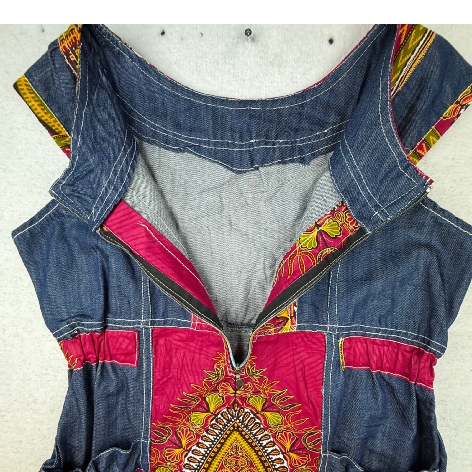 Denim Patchwork Dress Tribal Print Zip Front Pockets homemade boho artisan RARE