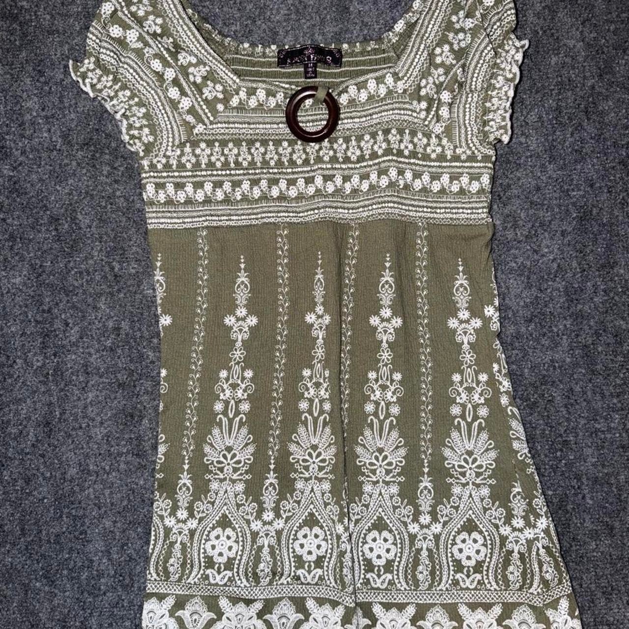 Y2K Almost Famous Boho Peasant Top Olive Green Floral Empire Waist
