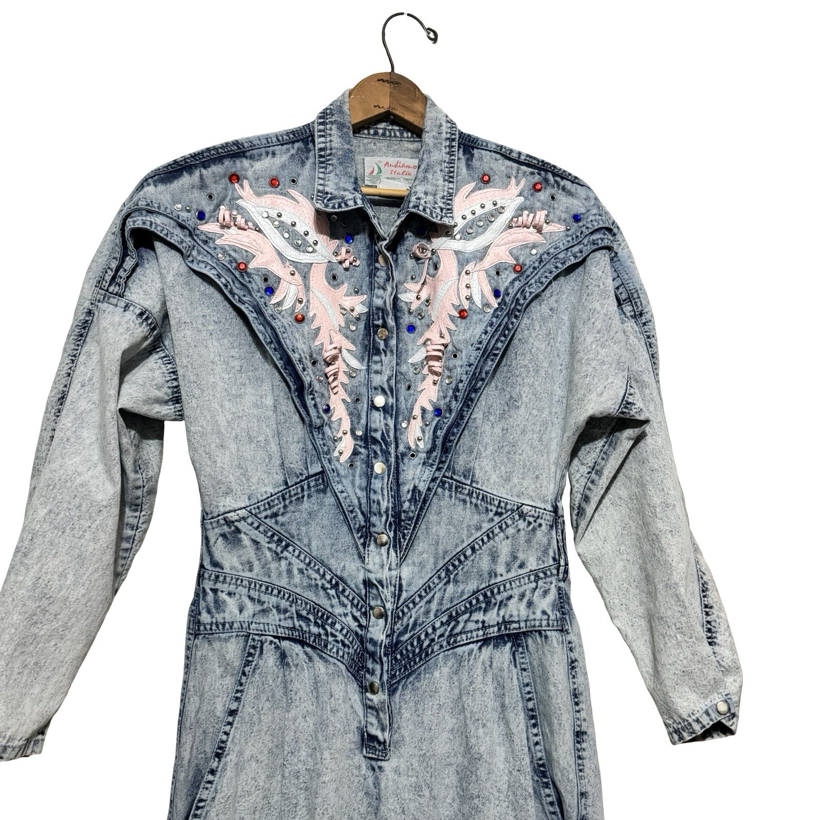 Vintage 80s Amdiano Italia Denim Acid Wash Jumpsuit size Medium pink leather gem