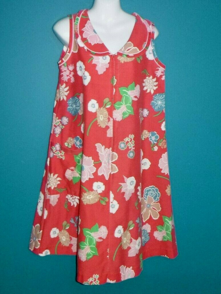 Vtg 70s Trapeze Flower Power Zip Front Day House Dress Red Tropical Floral Sz M