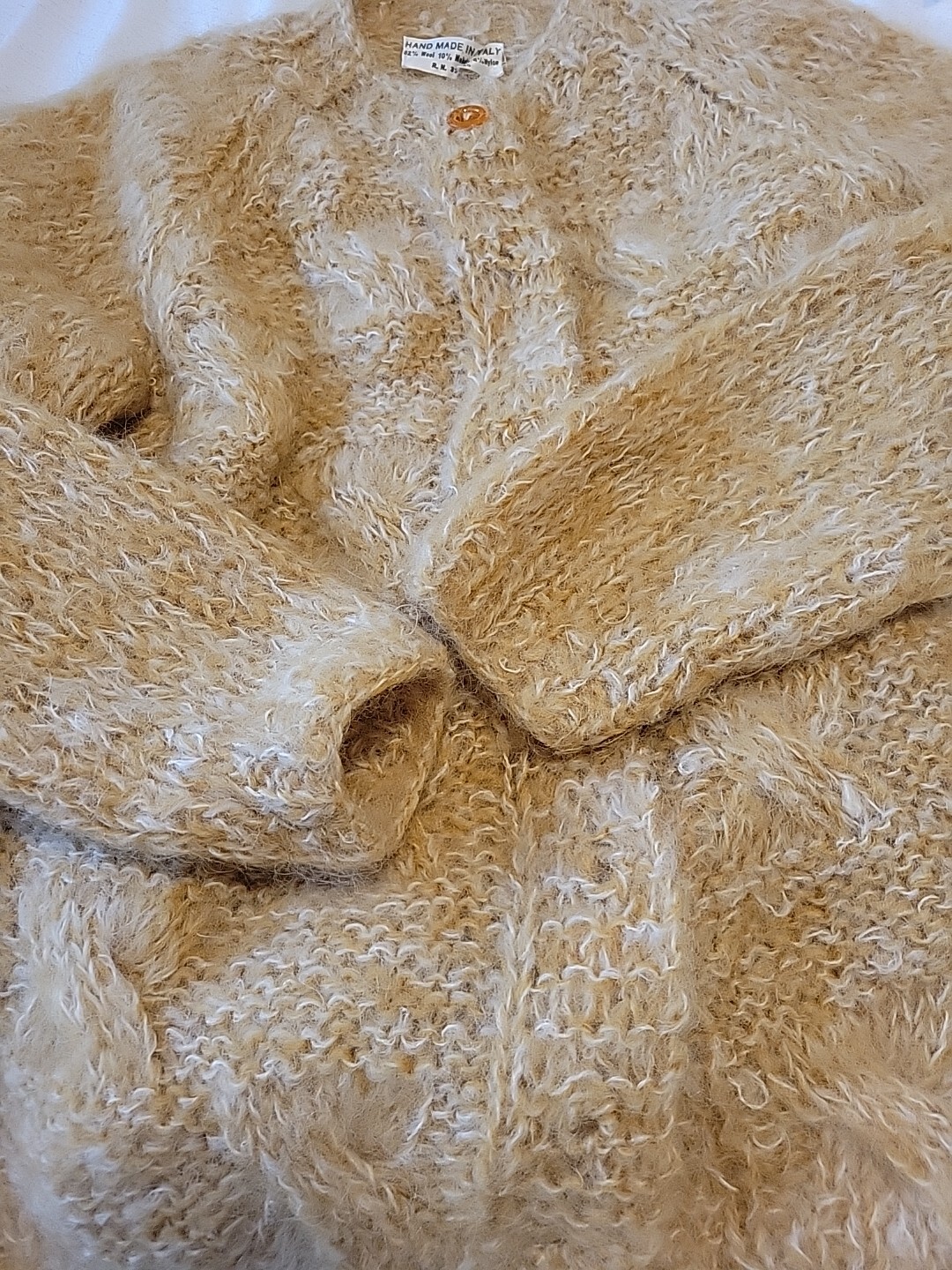 SWEATER- HANDMADE in ITALY. Shades Of Wheat Gold Yarn, Gold Acrylic Buttons,
