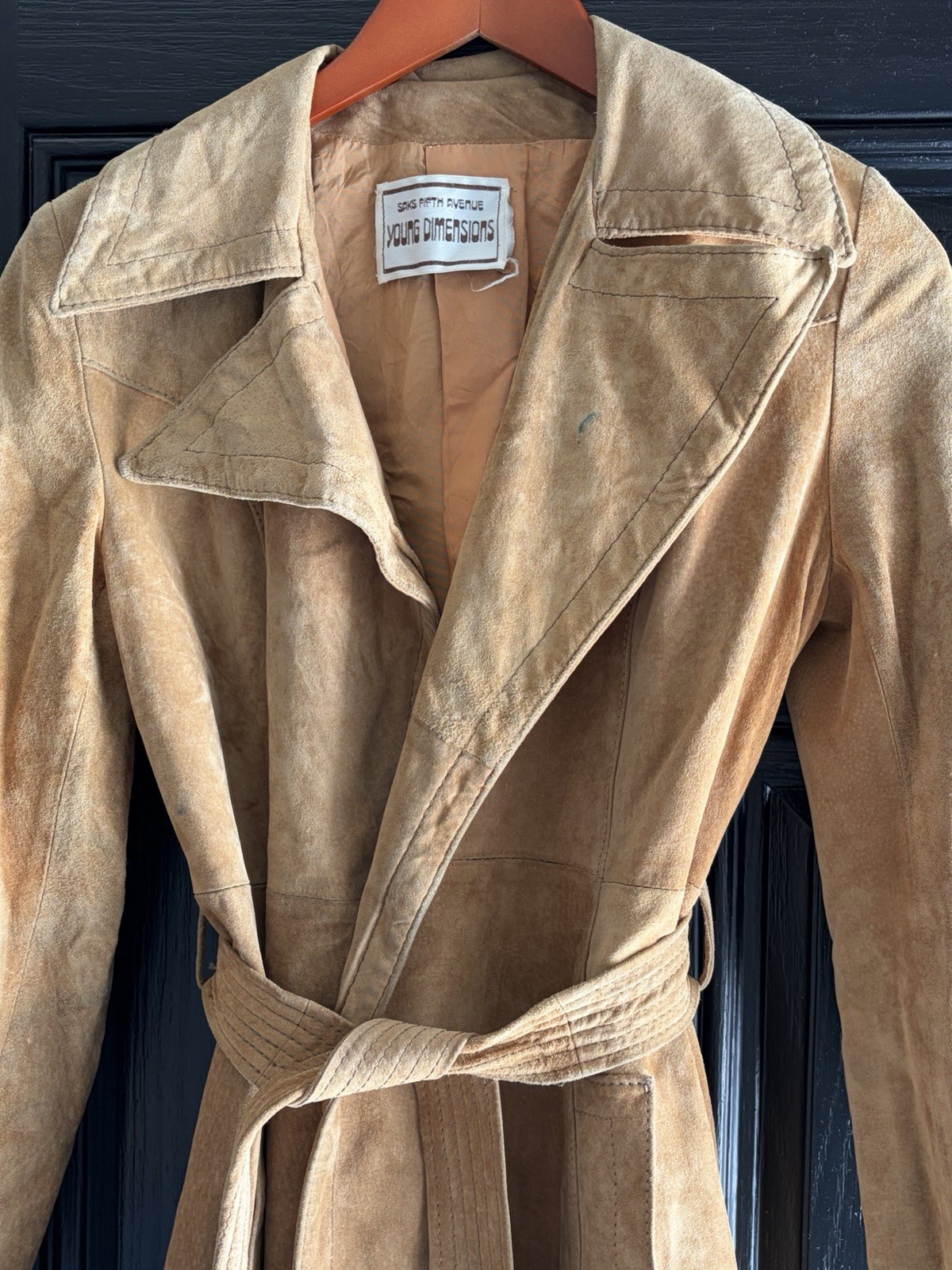 Vintage SAKS FIFTH AVE Young Dimensions Wrap Ultra Suede ? Trench Coat Tan Color