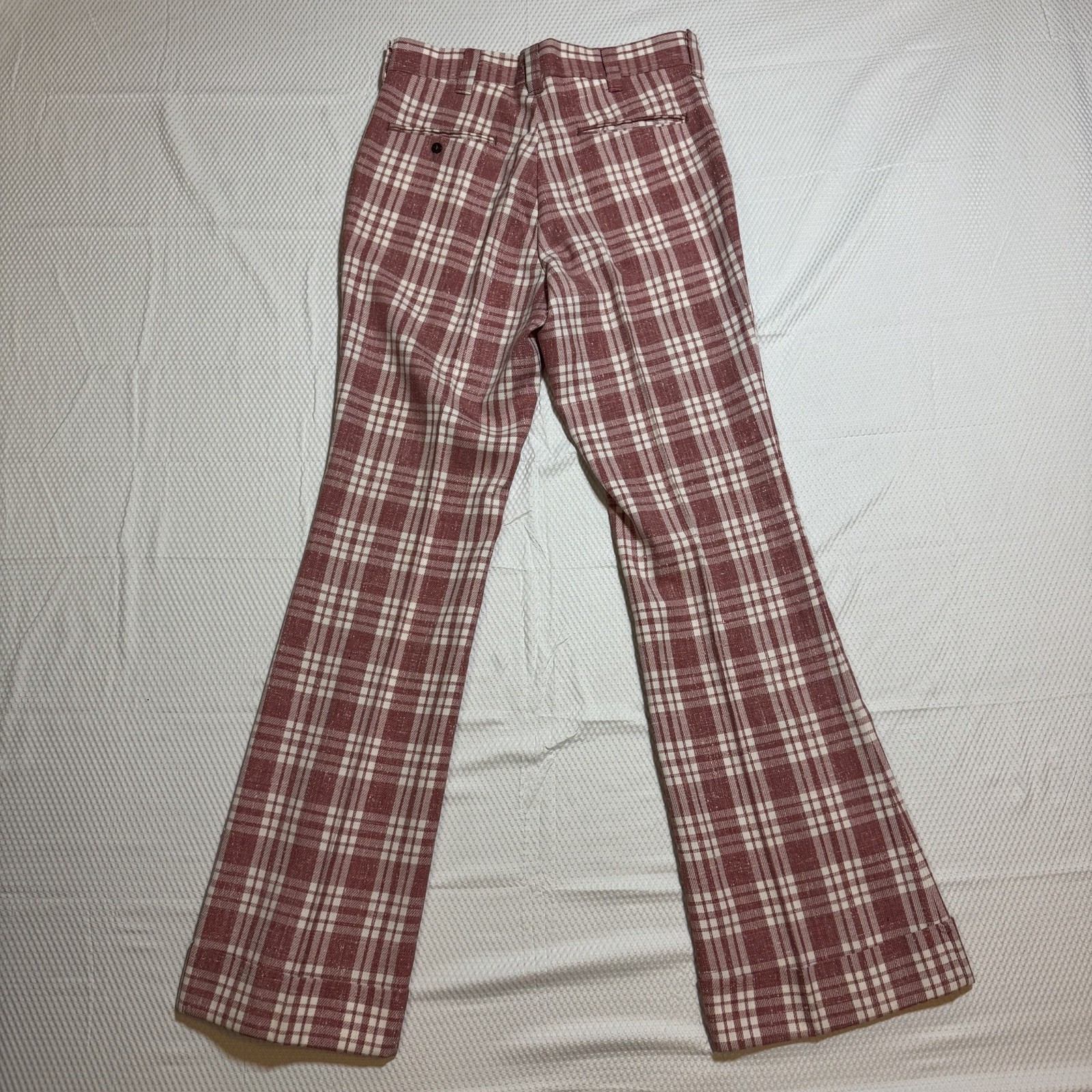 True Vintage 1970s Wrangler Plaid Red Bell Bottoms Disco Pants Twill USA 32×34