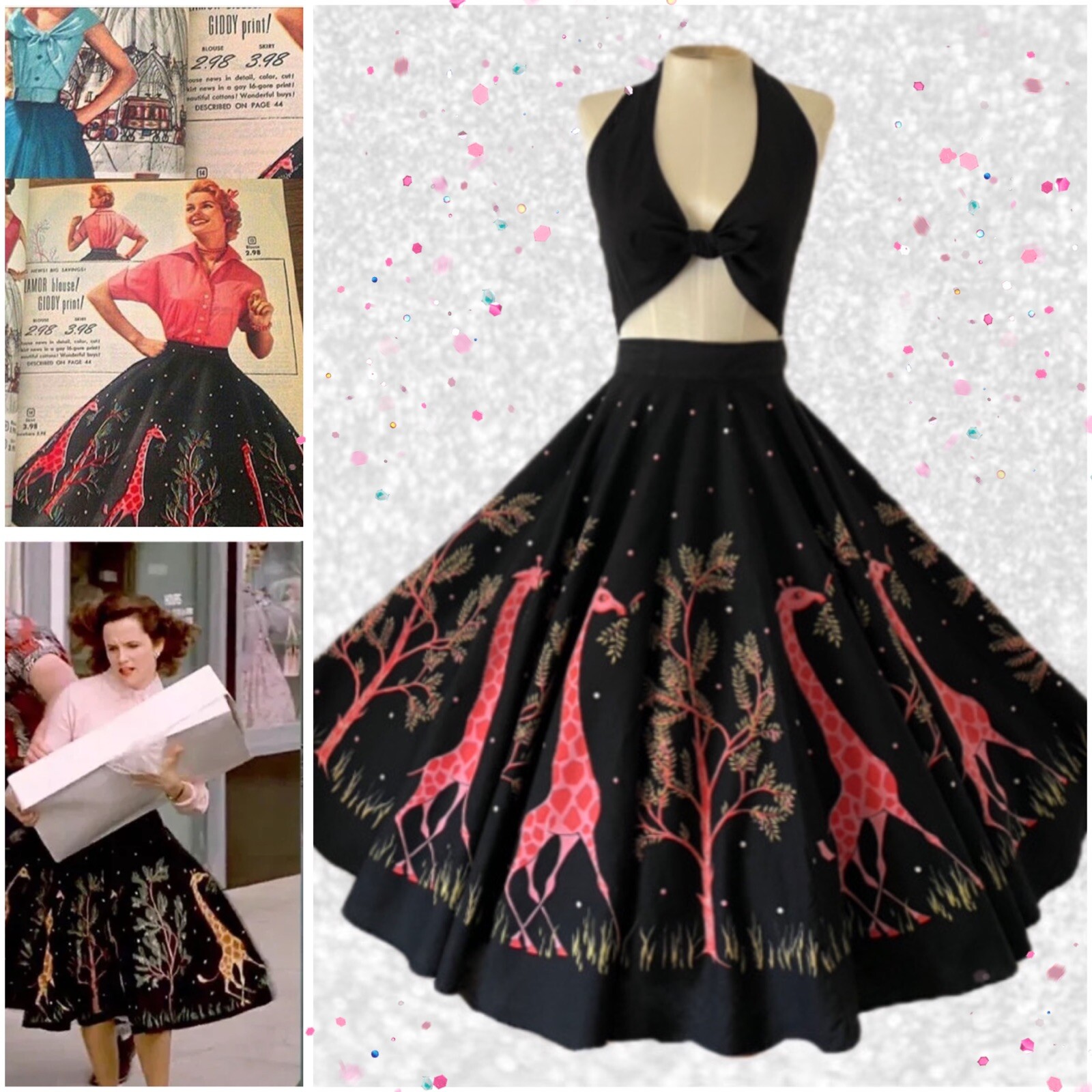 50s Vtg Giraffe Skirt *As Seen In BACK TO THE FUTURE 2* Novelty Print Pink Black