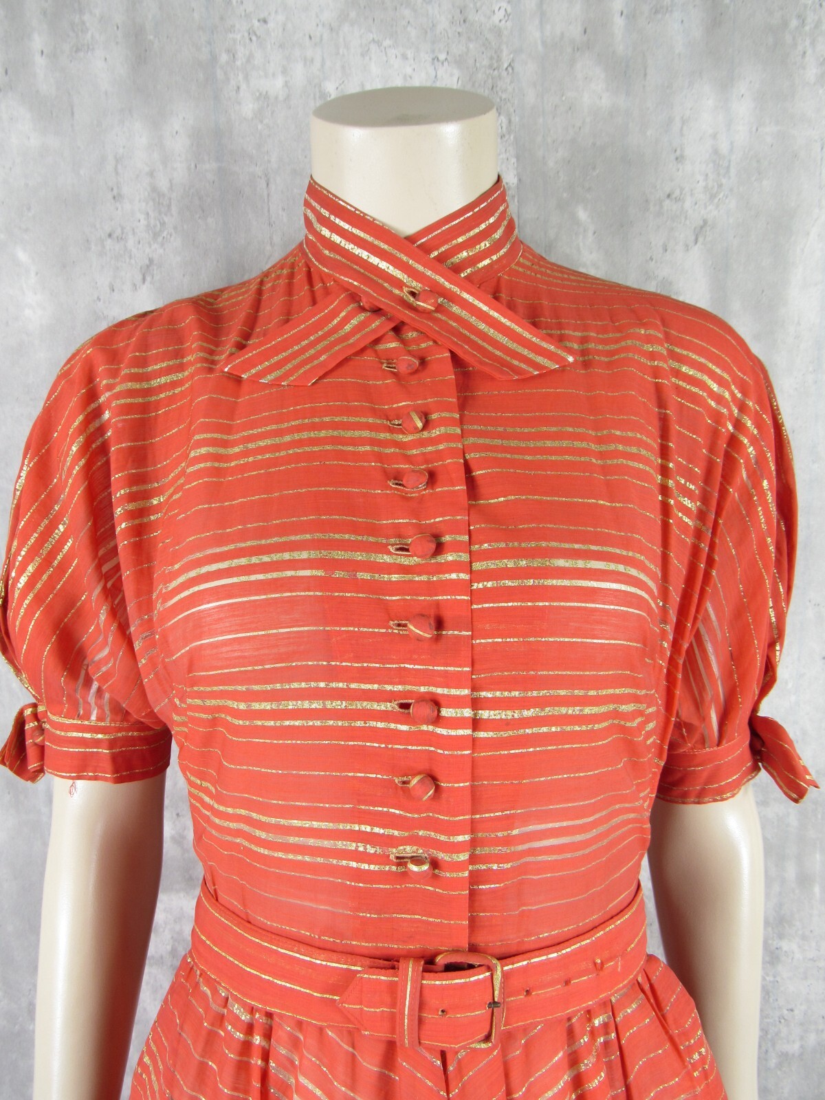 Vintage 50s Prestige Junior Orange Gold Metallic Stripe Lurex Belted Dress XS/S