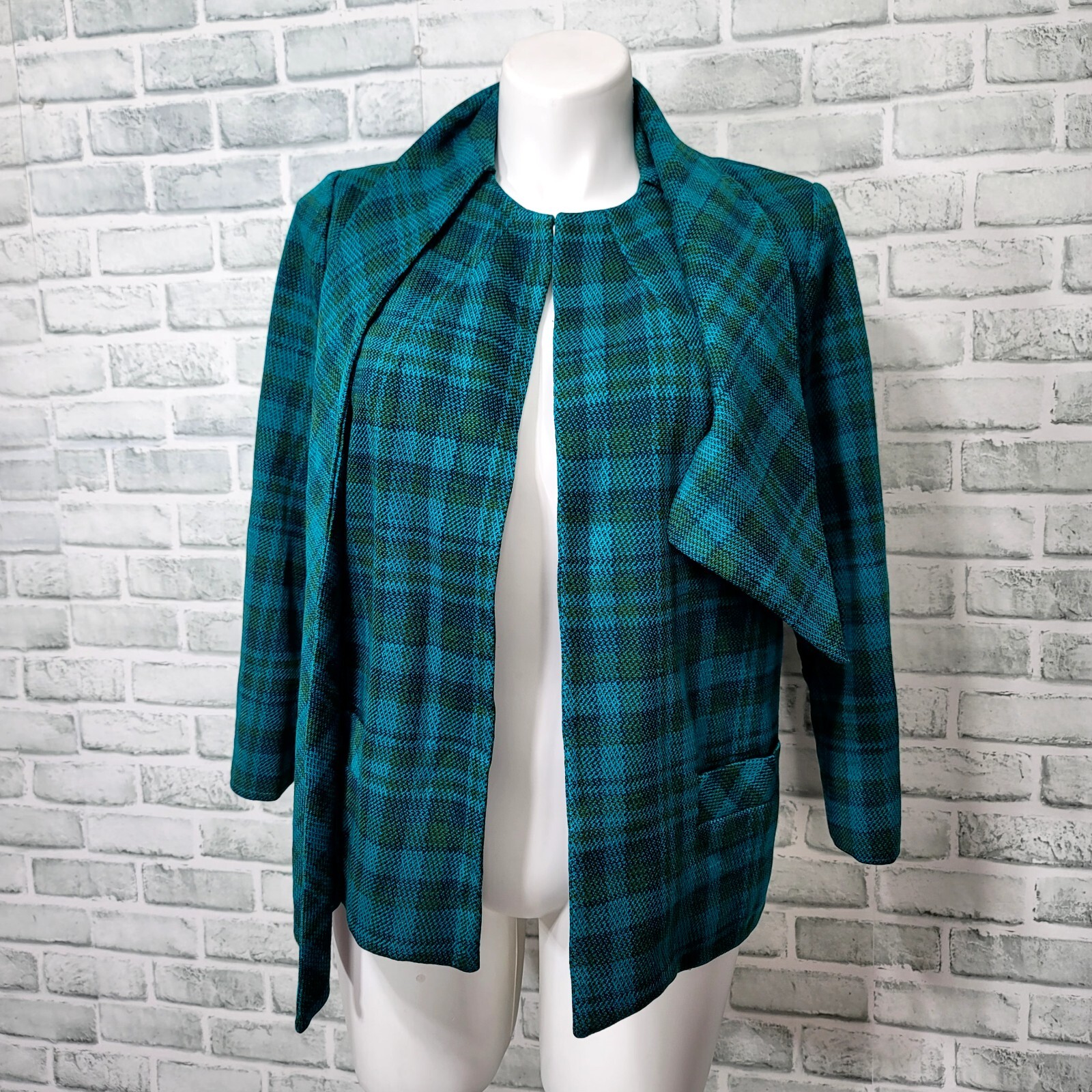 Vintage 50s Herbert Levy Tie Scarf Collar Bright Plaid Tweed Blazer Capelet