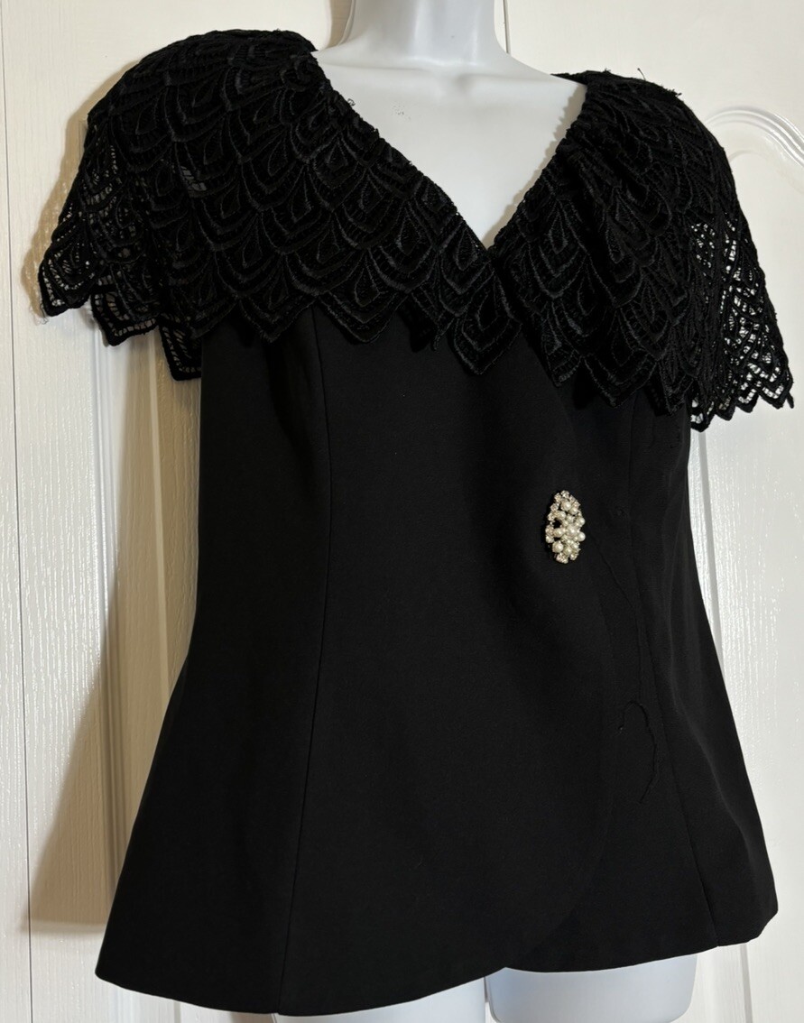 Vtg Cachet Bari Protas black Short Sleeve blazer lace collar shoulder pads sz 10